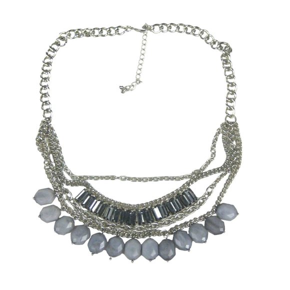 Silvertone Chain Necklace 18 Inch Multi Strand Bib Cluster Beaded Statement - Picture 1 of 8